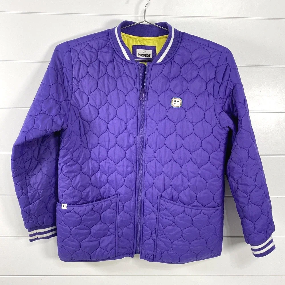 R:ROBOT Jacket Youth 12Y‎ Purple Quilted Bomber Full Zip Pockets Logo Patch Kids